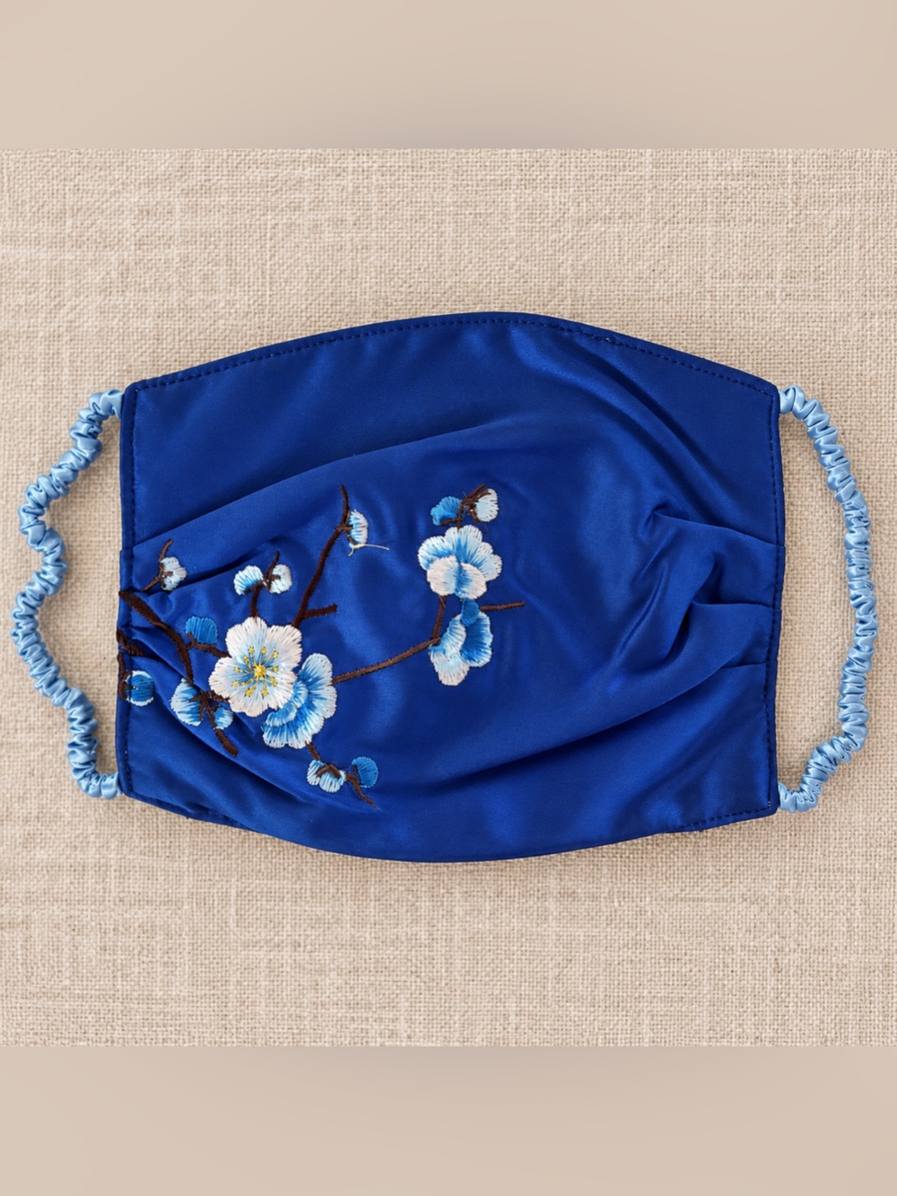 100% Mulberry Silk Blue Floral Embroidered Face Mask